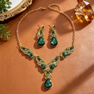 May include: A gold-tone necklace and matching drop earring set featuring dark green teardrop-shaped crystals and smaller light green accent stones. The necklace has a central pendant and symmetrical side motifs, all set in a polished gold-colored metal.