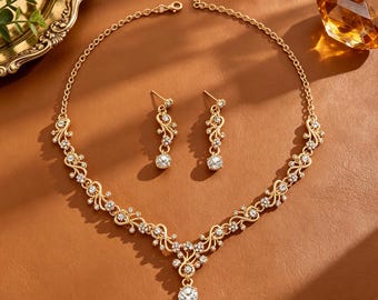 Gold Crystal Necklace Earrings Set, Swirling Metalwork, Evening Party Accessories