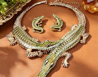 Groene strass krokodil ketting oorbellen set voor dames Uniek luxe cadeau