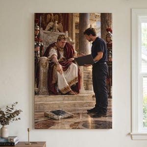 May include: A wall art print depicting a Roman emperor in a gold laurel wreath and red and white robes sitting on a stone throne, while a modern person in a dark polo shirt and trousers holds a laptop and gestures toward a stone tablet on the floor.