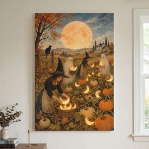 May include: A rectangular wall art print depicting a nighttime autumn scene with a large full moon, a black cat on a fence, and figures in witch hats and ghost costumes gathering glowing crescent moons in a pumpkin patch with orange pumpkins.