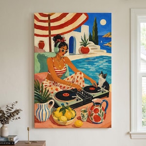 Retro sommar-DJ-kvinna kanvastavla, medelhavspoolväggkonst, kustvibe-vinyl-DJ-målning, färgglad trendig rumsdekor, söt kattkonst