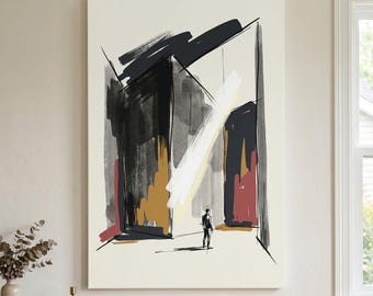 May include: A rectangular wall art print featuring an abstract composition with bold black, charcoal, and ochre brushstrokes. A single small figure stands in the center, illuminated by a diagonal white light beam against a cream background.
