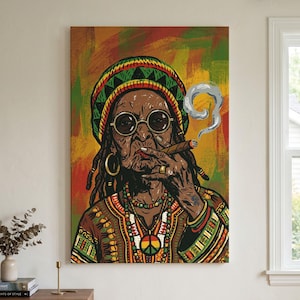 May include: A rectangular wall art print featuring a stylized illustration of an elderly person with dreadlocks wearing a green, yellow, and red beanie, round glasses, and a patterned shirt. A cigar is held to their lips with smoke rising.