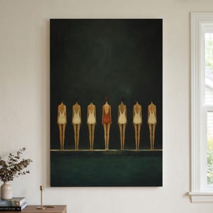 Minimalist Women Canvas Print, Red Swimsuit Wall Art, Moody Dark Aesthetic Decor, Modern Figurative Painting, Sophisticated Office Wall Art