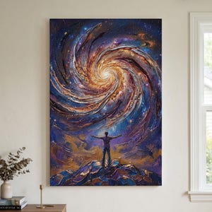 May include: A vertical rectangular canvas painting featuring a textured impasto style. A figure stands on a dark, craggy mountain peak with arms outstretched toward a swirling, luminous golden and deep blue galaxy filling the night sky above.