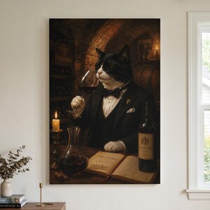 Può includere: Una stampa da parete che raffigura un gatto bianco e nero vestito con uno smoking nero formale con papillon, che tiene in mano un calice di vino. Il gatto è seduto a un tavolo di legno con un libro aperto, un decanter, una candela e una bottiglia.