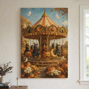 May include: A vertical wall art print depicting a carousel with orange and white striped canopy, featuring figures in witch hats riding carved pumpkin seats. The scene includes floating white ghosts, a crescent moon, and autumn foliage.