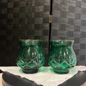Pair of Vintage Green Cut Crystal Votive