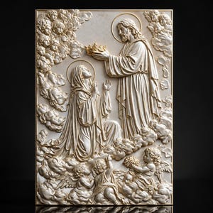 Krönung der Jungfrau Maria (STL-Datei für CNC-Fräsen), religiöses 3D-Reliefmodell, christliche Holzschnitzvorlage, Wanddekor-Design aus MDF