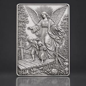 May include: A rectangular silver-toned metal plaque featuring a high-relief embossed scene of a winged guardian angel watching over two children crossing a wooden bridge. The background depicts trees and foliage, with a radiant sunburst behind the angel.