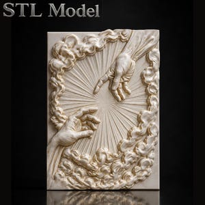 May include: A rectangular off-white relief sculpture featuring two hands reaching towards each other amidst swirling clouds and radiating sunburst lines. The top left corner displays the text STL Model in a metallic silver font.