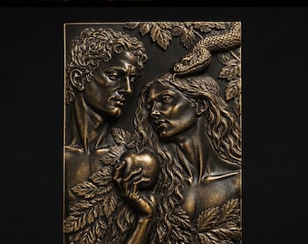 Può includere: Una placca rettangolare in rilievo color bronzo con le figure scolpite di un uomo e una donna circondati da fogliame e un serpente. L'uomo tiene in mano una mela, mentre la donna guarda verso il serpente. Il testo STL Model appare in alto.