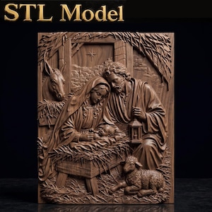 May include: A rectangular brown wooden relief carving featuring a nativity scene with a central figure holding a lantern, a person cradling an infant in a manger, a donkey, and a sheep. The text STL Model is visible at the top of the image.