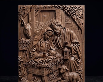 May include: A rectangular brown wooden relief carving featuring a nativity scene with a central figure holding a lantern, a person cradling an infant in a manger, a donkey, and a sheep. The text STL Model is visible at the top of the image.