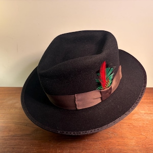Puede incluir: Un sombrero fedora de fieltro negro con una ancha cinta de satén marrón alrededor de la copa. El sombrero está adornado con un pequeño grupo decorativo de plumas de color rojo brillante y verde insertadas en el lateral de la cinta.