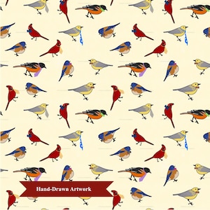 May include: A repeating pattern on a cream background featuring various colorful birds wearing neckties and bowties. A dark red banner at the bottom contains the white text Hand-Drawn Artwork. The birds are depicted in red, blue, orange, and yellow.
