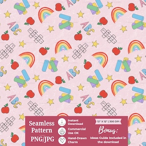 Könnte beinhalten: Ein nahtloses digitales Muster auf hellrosa Hintergrund mit sich wiederholenden Illustrationen von roten Äpfeln, bunten Regenbögen, gelben Sternen, Hüpfkästchen, blauen und grünen Buntstiften sowie den Buchstaben ABC im handgezeichneten Stil.