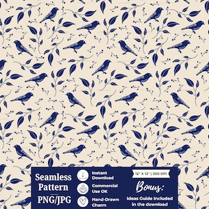 May include: A seamless digital pattern featuring dark blue birds and leafy branches on a light cream background. A dark blue rectangular overlay at the bottom contains white text: Seamless Pattern PNG/JPG, Instant Download, Commercial Use OK, Hand-Drawn Charm, 12" x 12" | 300 DPI, Bonus: Ideas Guide Included in the download.