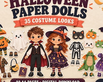May include: A set of Halloween paper dolls featuring two characters and 35 costume looks, including a ghost, pumpkin, skeleton, and dragon outfit. The text reads HALLOWEEN PAPER DOLLS 35 COSTUME LOOKS, 22 A4 PAGES DIGITAL DOWNLOAD, and FilelyEverAfter.
