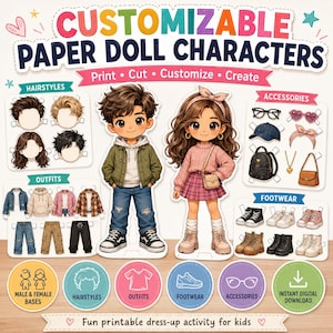 Printable Paper Dolls Dress Up Activity for Kids, 17 Page PDF image 1