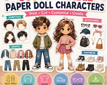 Afdrukbare aankleedactiviteit Paper Dolls voor kinderen, pdf van 17 pagina's