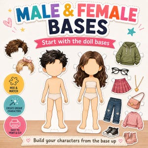 May include: A paper doll set titled MALE & FEMALE BASES featuring two blank-faced figures, various hairstyles, clothing items like a green hoodie, pink skirt, jeans, pink sweater, boots, sneakers, a handbag, glasses, and a gold heart necklace.