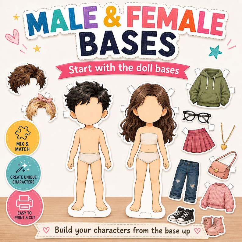 May include: A paper doll set titled MALE & FEMALE BASES featuring two blank-faced figures, various hairstyles, clothing items like a green hoodie, pink skirt, jeans, pink sweater, boots, sneakers, a handbag, glasses, and a gold heart necklace.