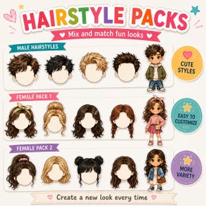 May include: A digital sticker sheet titled HAIRSTYLE PACKS featuring various illustrated cartoon hair options for characters. The sheet includes sections for male and female hairstyles, showcasing diverse colors, lengths, and textures, along with three full-body character examples and circular badges with text.