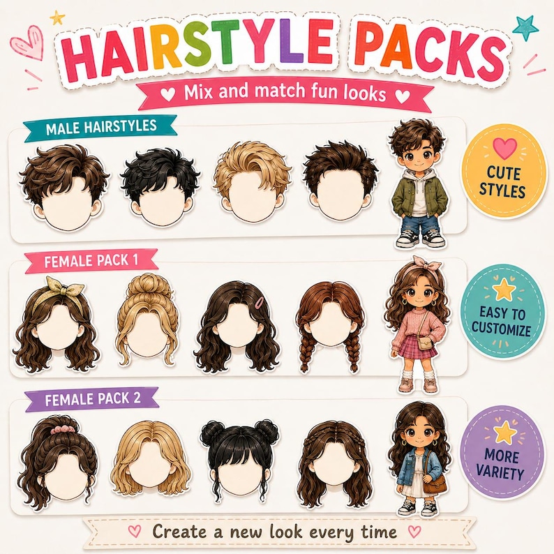 May include: A digital sticker sheet titled HAIRSTYLE PACKS featuring various illustrated cartoon hair options for characters. The sheet includes sections for male and female hairstyles, showcasing diverse colors, lengths, and textures, along with three full-body character examples and circular badges with text.