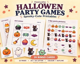 May include: A set of printable Halloween party games titled HALLOWEEN PARTY GAMES Spooky-Cute Printables, featuring Boo Bingo cards with illustrations of pumpkins, ghosts, and cats, and an I Spy party pictures game sheet with 20 bingo cards.