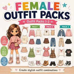 May include: A digital paper doll set titled FEMALE OUTFIT PACKS featuring a character with brown hair wearing a pink sweater and plaid skirt. Includes three packs of mix-and-match clothing items like sweaters, skirts, dresses, pants, and shoes.
