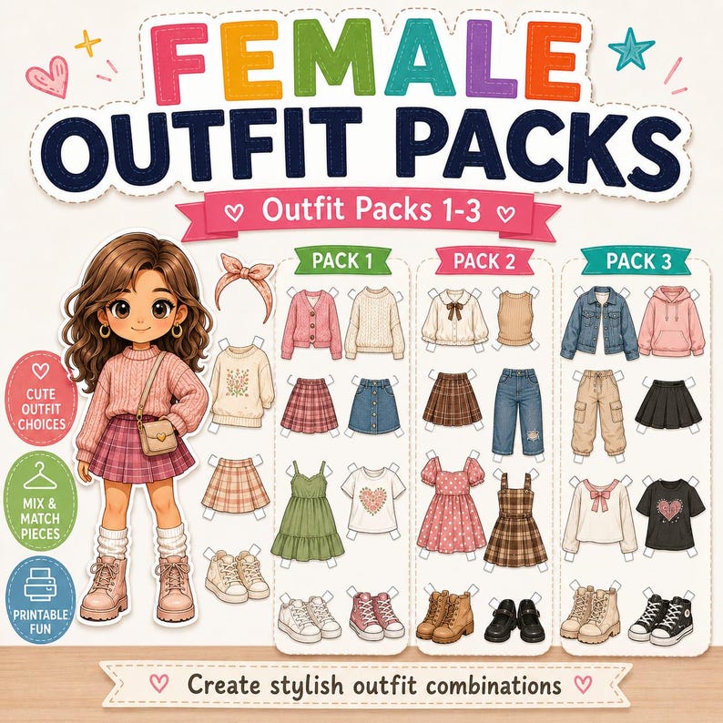 May include: A digital paper doll set titled FEMALE OUTFIT PACKS featuring a character with brown hair wearing a pink sweater and plaid skirt. Includes three packs of mix-and-match clothing items like sweaters, skirts, dresses, pants, and shoes.