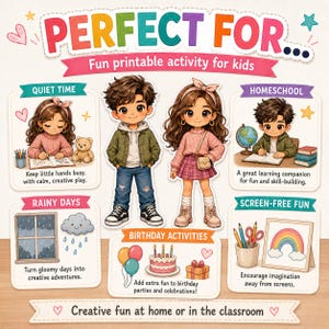 May include: A printable activity sheet for kids featuring two cartoon characters, a boy in a green jacket and a girl in a pink sweater, surrounded by illustrated panels showing activities like drawing, homeschooling, rainy day play, and birthday parties.