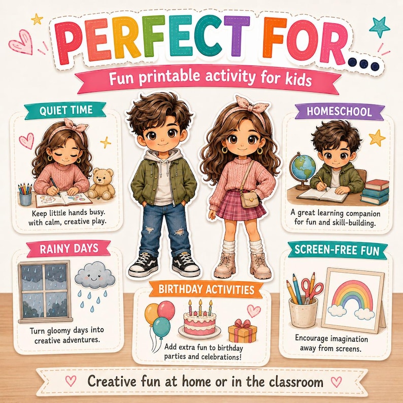 May include: A printable activity sheet for kids featuring two cartoon characters, a boy in a green jacket and a girl in a pink sweater, surrounded by illustrated panels showing activities like drawing, homeschooling, rainy day play, and birthday parties.