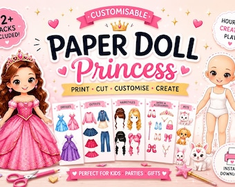 May include: A digital printable paper doll princess set featuring a doll in a pink gown, a blank doll figure, and various outfits, hairstyles, shoes, accessories, and pets. The text reads Paper Doll Princess, 12+ Packs Included, and Instant Download.