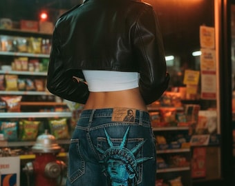 Baggy Jeans mit Freiheitsstatue-Motiv – Vintage-Jeans mit Strass-Patch und weitem Bein, Statement-Streetwear-Jeans für Damen