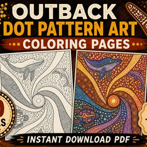 May include: A collection of 50 printable coloring pages titled Outback Dot Pattern Art. The pages feature black and white line art and full-color illustrations of whales, dolphins, and turtles set against swirling dot patterns and a sun.