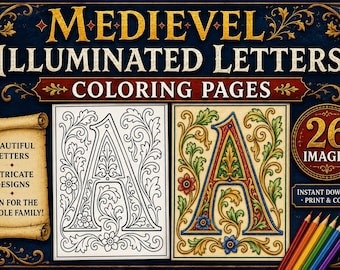 Dibujos para colorear de letras iluminadas en PDF imprimible / Libro para colorear del alfabeto medieval para adultos / 26 páginas de descarga instantánea