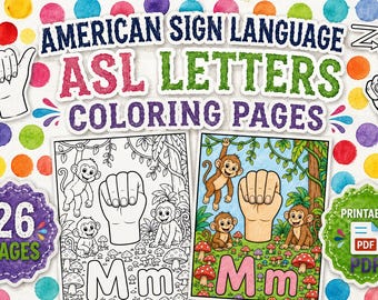 May include: A digital collection of American Sign Language ASL letters coloring pages featuring 26 pages in PDF format. The design includes illustrations of monkeys, mushrooms, and hand signs for letters, set against a background of colorful dots.