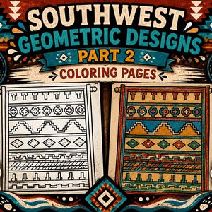 May include: A digital collection titled SOUTHWEST GEOMETRIC DESIGNS PART 2 COLORING PAGES featuring 30 printable pages. The image displays two rectangular wall hanging illustrations, one in black and white line art and one in full colour.