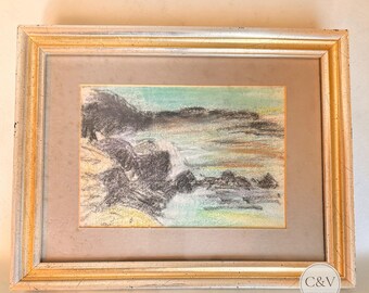 バーナード・レノン作 パステル画 海景画 | ミッドセンチュリーの岩だらけの海岸風景画、遺産スタンプ入り
