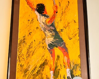 ルロイ・ニーマン作「テニスサーブ」リトグラフ、版画サイン入り、1970年代ヴィンテージスポーツアート、額装ポップアートプリント、テニスギフト