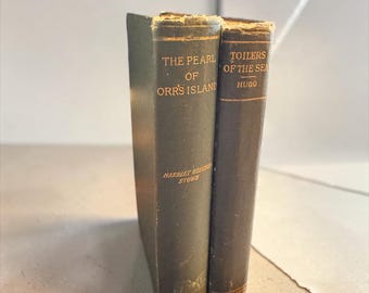 Antique Book Pair Toilers of the Sea Victor Hugo A. L. Burt & Pearl of Orr’s Island Harriet Beecher Stowe Houghton Mifflin Green Cloth