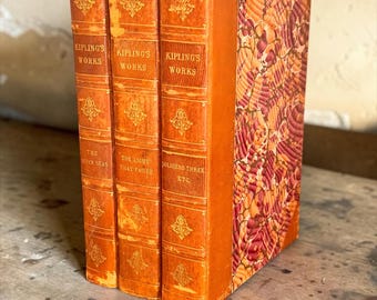 Rudyard Kipling Works: 1899 Antique Tan Leather, Marbled Endpapers, Gilt Fleur-de-lis