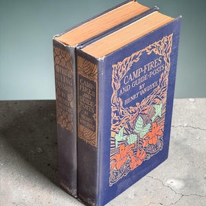 May include: Two hardcover books with dark blue covers and orange, green, and gold decorative floral and bird illustrations. The front book is titled Camp-Fires and Guide-Posts by Henry Van Dyke, and the second book is The Ruling Passion by Henry Van Dyke.