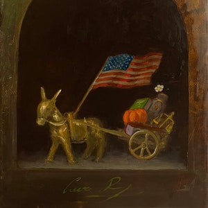 オリジナルの油絵、民主主義の象徴であるロバの静物画、古典的な絵画、民主主義者への贈り物