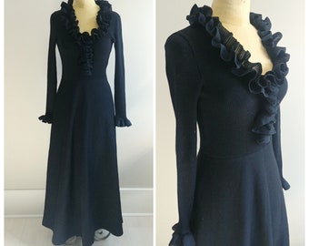 S/M Vintage 1970s Black Knit Dress Maxi Ruffle Italian Gown