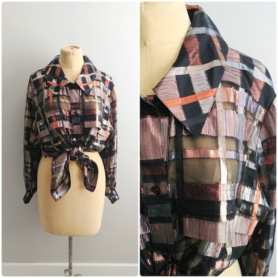 Vintage 1980s Womens Oversized Metallic Sheer Plai
