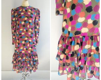 Medium Vintage 1980s Polka Dot Rainbow Dress Drop Waist Ruffle